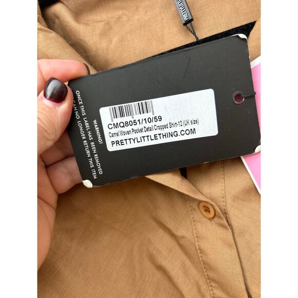 NWT PrettyLittleThing Camel Woven Ruched Sleeve Cropped Shirt Pocket Detail Sz 8 - Picture 6 of 8